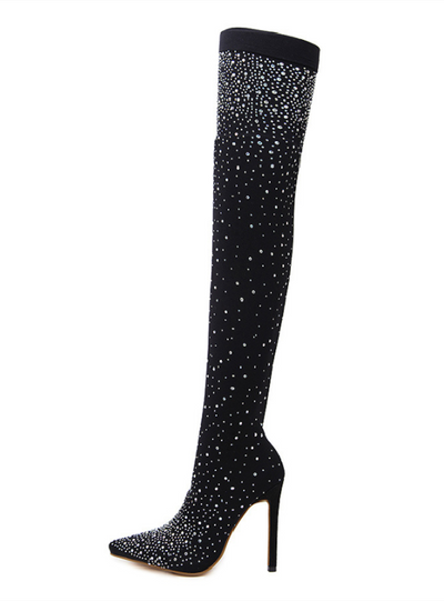 Pointed Rhinestone Stiletto Heel Knee-length Boot