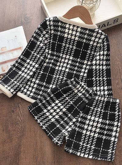 Black Plaid Coat+Shorts Two-piece Suit