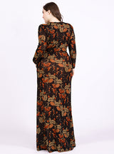 Large Size Round Neck Long Sleeve Printed Retro Dress