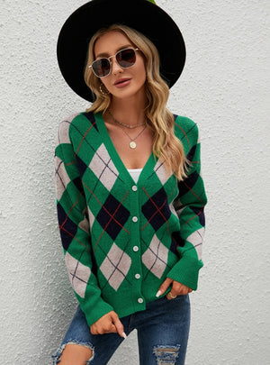 V-Neck Diamond Color Matching Coat Sweater