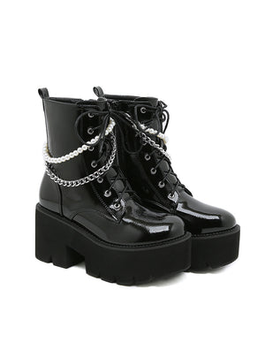 Pearl Chain Thick Bottom Side Zipper Women's Boots