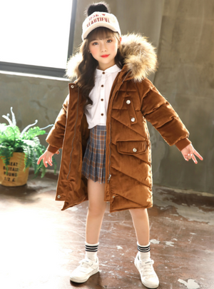 Long Velvet Winter Jacket Girls' Cotton-Padded 
