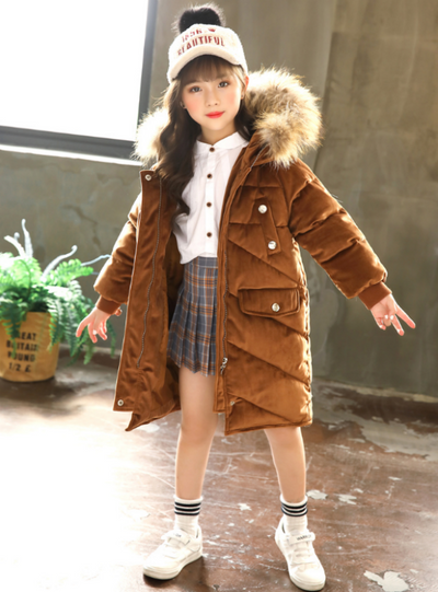 Long Velvet Winter Jacket Girls' Cotton-Padded 