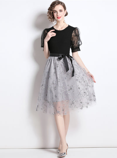 Black Mesh Embroidery Knit Stitching Dress