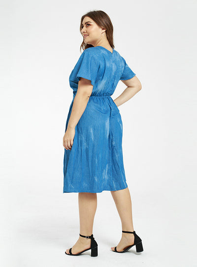 Denim tie-dyed Drawable Waist Tie Dress