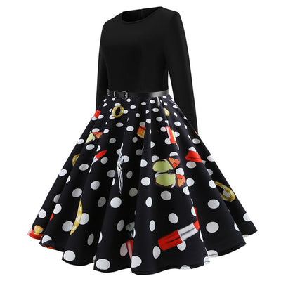 Retro Printed Long Sleeve Round Neck Dress