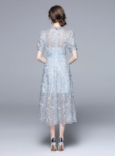 Retro Blue Lace Embroidered Bow Dress