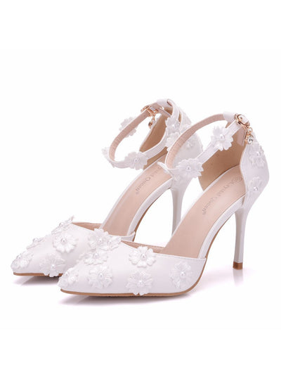 White Lace Heel Buckle Pointed Sandals