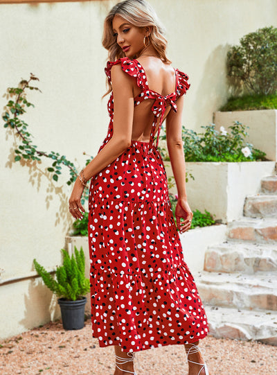 Sexy Mid-long Square Collar Wave Point Dress