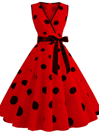 V-neck Retro Polka Dot Short Sleeves Dress