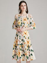 Camellia Sling Elastic Waist Print Dress
