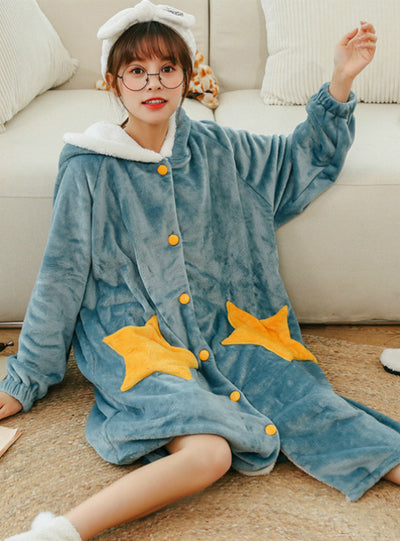 Pink Star Winter Women Long Sleeve Velvet Sleepwear