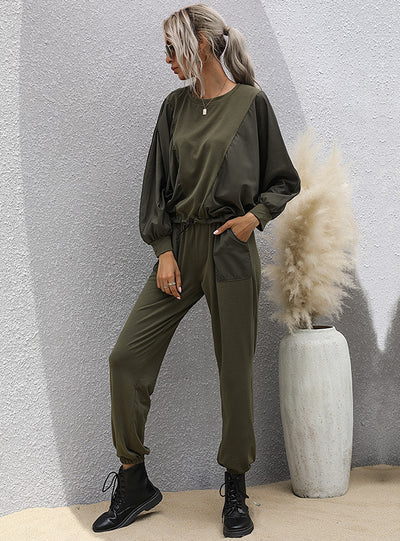 Long Sleeve T-shirt Pants Green Two-piece Suit