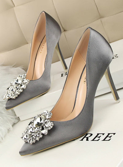 Rhinestone Silk Satin High Heels Shoes Thin Pointed