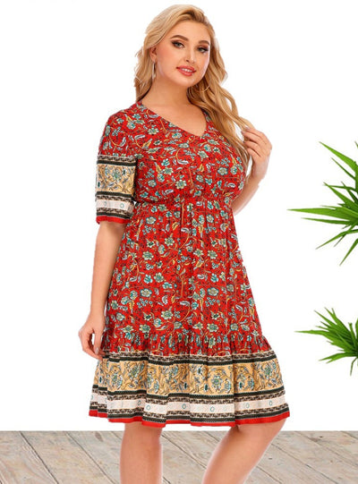 V-neck Short Sleeve Printed Dress