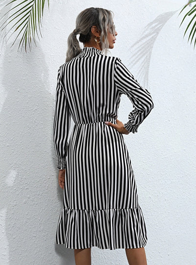 Vertical Striped Long-sleeved Pullover Dress