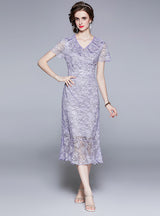 V-neck Fishtail Lace Embroidered Flounce Dress