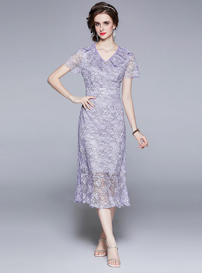 V-neck Fishtail Lace Embroidered Flounce Dress
