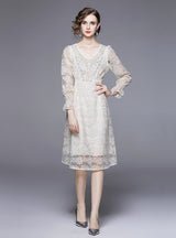 V-neck Bubble Sleeve Heavy Beaded Flower Long Dress