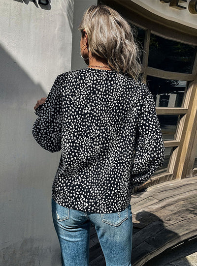 V-neck Long Sleeve Print Leopard Print Shirt