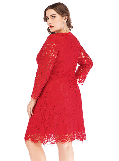Long Sleeve Red Lace Large Size Dress