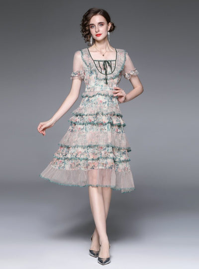 Slim Waist Short Sleeve Square Collar Gauze Dress