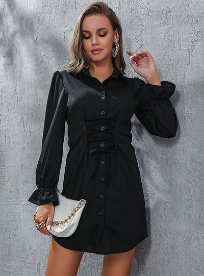 Slim Cardigan Long Sleeve Lapel Shirt Dress