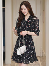 Vintage Chiffon Floral Boho Shirt Dress 2022