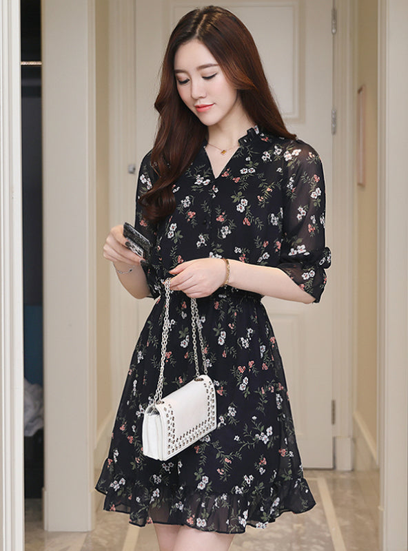 Vintage Chiffon Floral Boho Shirt Dress 2022