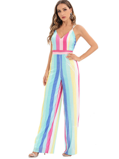 Sexy Retro Suspender Striped Sequined Jumpsuit
