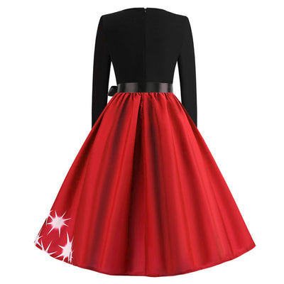 Retro Christmas Printed Long Sleeve Dress