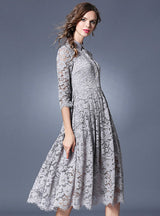 Solid Gray Hollow Out Lace A-Line Midi Dress