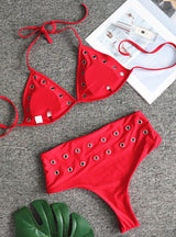 Red High Waist Rivet Decorated Bikini