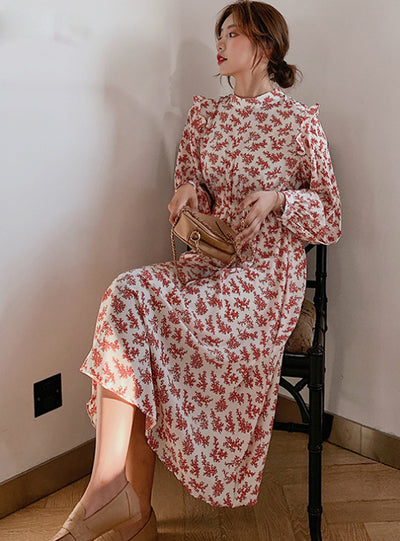 Women Dress Full Sleeve Elastic Waist Female Chiffon Dress