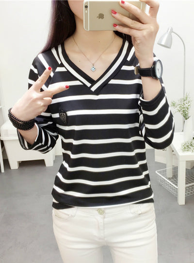 Women's V Neck Striped Long Sleeve T Shirt 