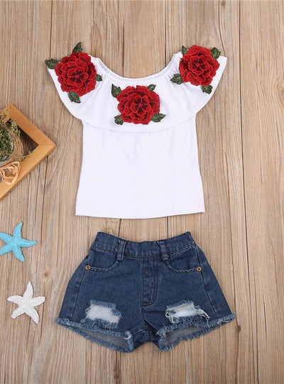 3D Flower Print T-Shirts Denim Hole Pants 2pcs