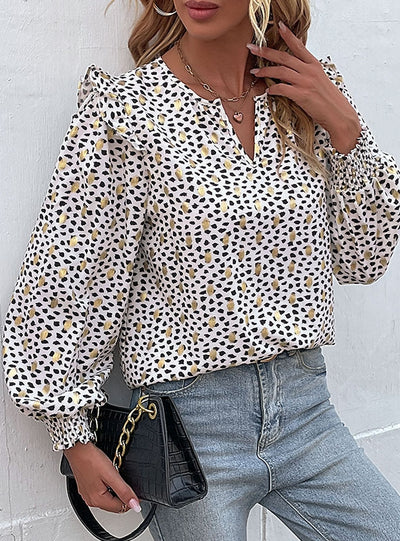 V-neck Wavy Ruffled Long Sleeves Shirt