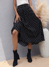 Black Pleated Polka Dot Elastic Waist Skirt