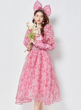 Vintage V-neck Bubble Sleeve Gauze Palace Floral Dress