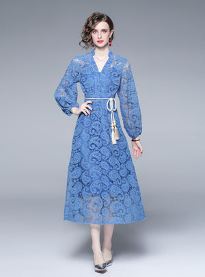 Hollow Lace Temperament Slim Long Sleeve Dress