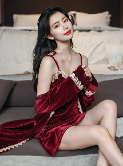 Velvet Long-sleeved Nightgown Two-piece Set