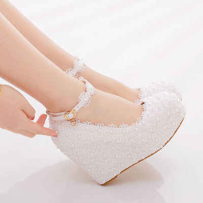 White Lace Wedges Wedding Shoes