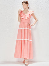 Plaid V-neck Ruffled Stitching High Waist Dress