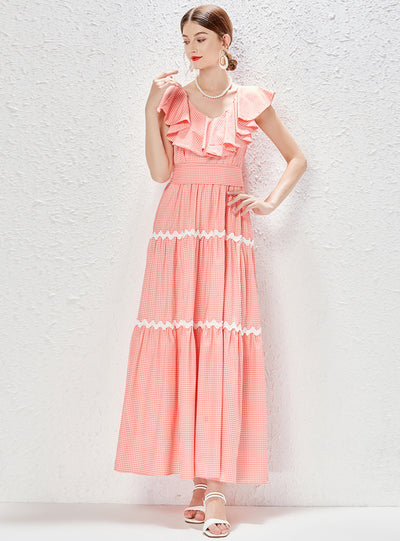 Plaid V-neck Ruffled Stitching High Waist Dress