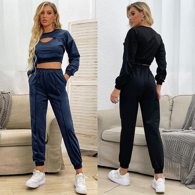 Hollow Out Long Sleeve T-shirt Fake Two-piece Sports Suit