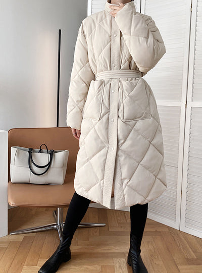 Long Cotton-padded Coat Stand-up Collar Argyle Pattern Oversized