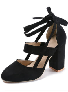 Women's Flock Cross Straps Chunky Heel Pumps