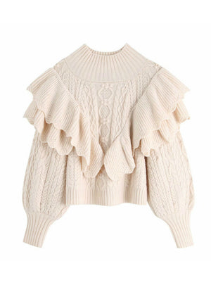 Fashion Ruffled Cropped Knitted Sweater Vintage