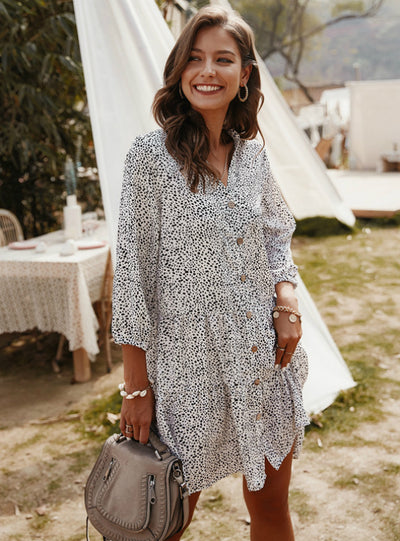 Print Above Knee Mini V-neck Three Quarter Sleeve Dress