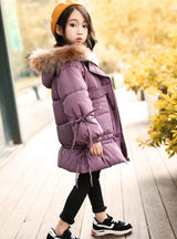 Girls Long Cotton-Padded Jacket With Bow 